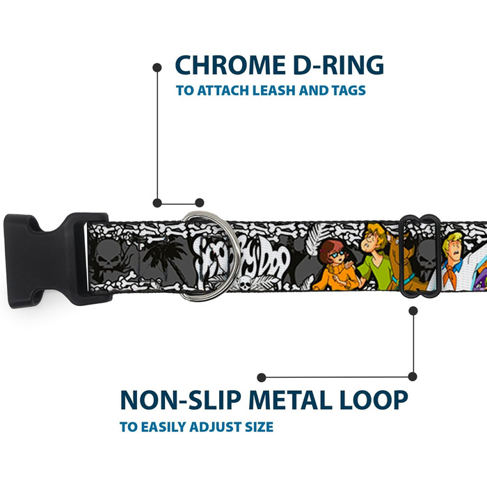Нашийник для собак Buckle-Down Scooby Doo, пластикова застібка, багатоколірний, ширина 2,5 см, підходить для обхвату шиї 38-66 см, розмір L (DC-BKSR-WSD014-1.0-L). Ширина 2,5 см - підходить для обхвату шиї 38-66 см - великий розмір, багатоколірний.