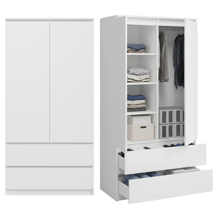 Домашня колекційна гардеробна, багатофункціональна шафа, побутова шафа 90x50x180 см (ШxГxВ) з 2 шухлядами, 3 полицями та вішалкою для одягу міцна, компактна та універсальна Білий (без подовжувача)