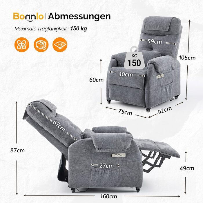Крісло Bonnlo Recliner, електричне масажне крісло з функцією відкидання, крісло для телевізора, 2-точковий масаж та функція підігріву, порти USB-C та USB-A, 1 бічна кишеня (тканина шеніл, темно-сірий)