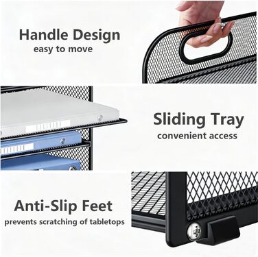 Металевий лоток для листів/документів А4, 4 відділення, лоток для паперу, що штабелюється, система подачі з сітчастою структурою та ручкою, чорний, компактний, 32,8 x 24,7 x 27,6 см, 4 відділення - чорний