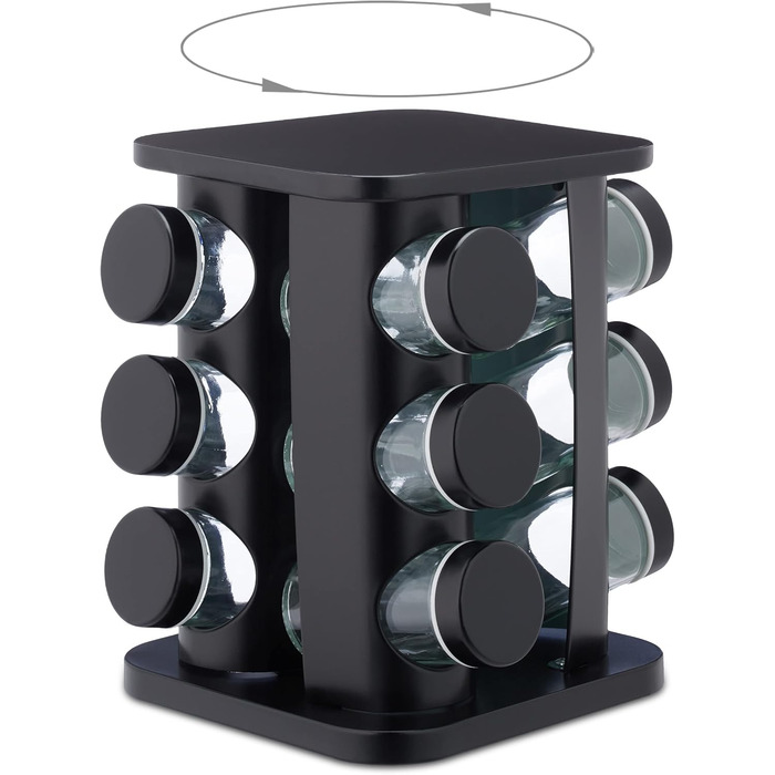Підставка для спецій Relaxdays з 12 баночками для спецій, що можна багаторазово наповнювати, зі вставкою-шейкером, обертовою каруселью для спецій, нержавіюча сталь, чорна