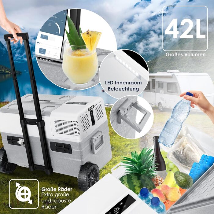 Електрична морозильна камера, 42 л З керуванням APP USB-з'єднання 12/24 В 230 В, телескопічна опора, 2 колеса холодильної камери Х