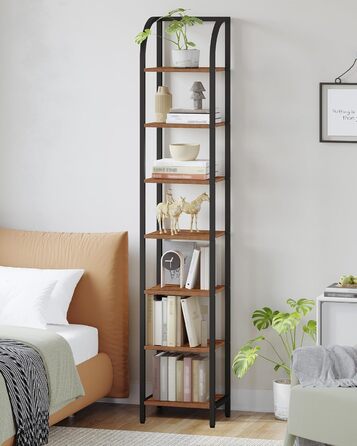 Полиця Hzuaneri, книжкова шафа, 7-ярусна полиця, полиця для DVD, вузькі полиці, офісна полиця в індустріальному стилі, металевий каркас для вітальні, спальні, кухні, вінтажний коричнево-чорний BC57001B 30 x 33,6 x 208,5 см, вінтажний коричнево-чорний
