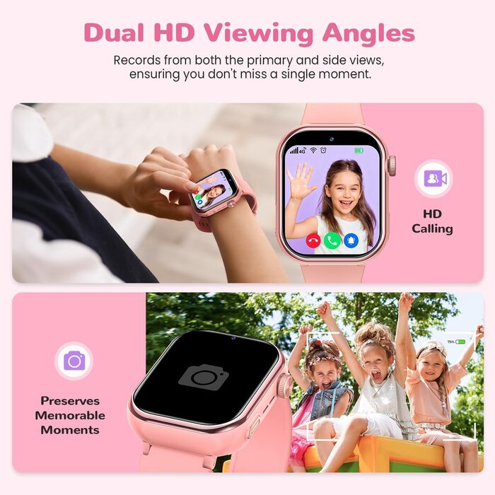 Розумний годинник RUXINGX 4G для дітей з GPS та телефонними дзвінками, дитячий годинник із водонепроникністю IP68, подвійним переглядом, голосовим чатом, ліхтариком, шкільним режимом, крокоміром, будильником для хлопчиків та дівчаток, рожевий