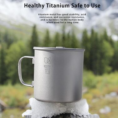 Кухоль Keith Titan Mug, кемпінговий горщик, чашка для кави та чаю на відкритому повітрі з кришкою та складною ручкою 200 мл/300 мл/400 мл/450 мл/500 мл/600 мл/900 мл, легкий посуд для походів, пікніка, напоїв (600 мл Ti3207)
