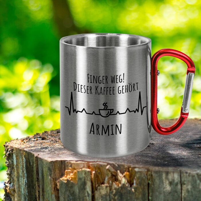 Кумедна металева кружка з нержавіючої сталі з карабіном, приблизно 330 мл, персоналізована написом Руки геть - Кемпінгова кружка з назвою - Подарунки для активного відпочинку для чоловіків та жінок (кава, червона ручка)