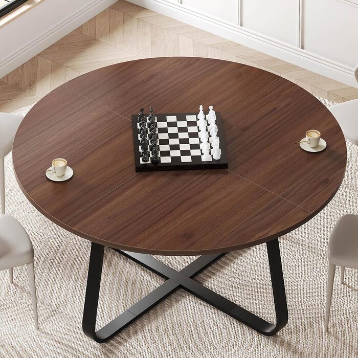 Круглий обідній стіл LVB, сучасні кухонні столи з дерева та металу, невеликий обідній стіл у промисловому стилі для 4-6 осіб, коло, журнальні обідні столи для дому, кухні, вітальні, горіх, 130 см (130 130 75 см)