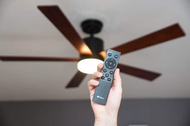 Стельовий вентилятор Tibu з підсвічуванням Дуже тихий стельовий вентилятор з дистанційним керуванням і світлодіодним освітленням з регулюванням яскравості. Діаметр вентилятора 122 см. Колір Чорний / Дерево) Клас енергоспоживання F