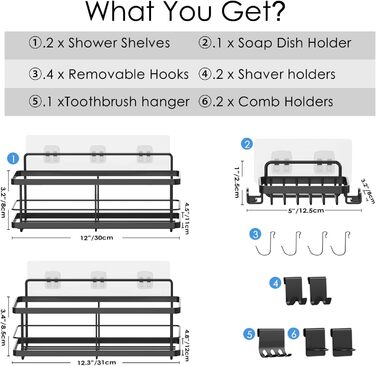 Полиця для душу, самоклеюча, покращені полиці, 9 знімних аксесуарів для душу, мильниця, нержавіюча сталь, органайзер для ванної кімнати, полиця для внутрішнього душу, зберігання, чорна, 3-5