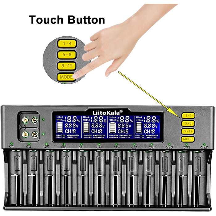 Слотовий РК-дисплей швидкий зарядний пристрій, інтелектуальний універсальний зарядний пристрій для літій-іонних (IMR/ICR) LiFePO4 Ni-MH/Cd 18650 21700 26650 18350 14500 RCR123 9V батарей AA AAA C, 12 18650 12-