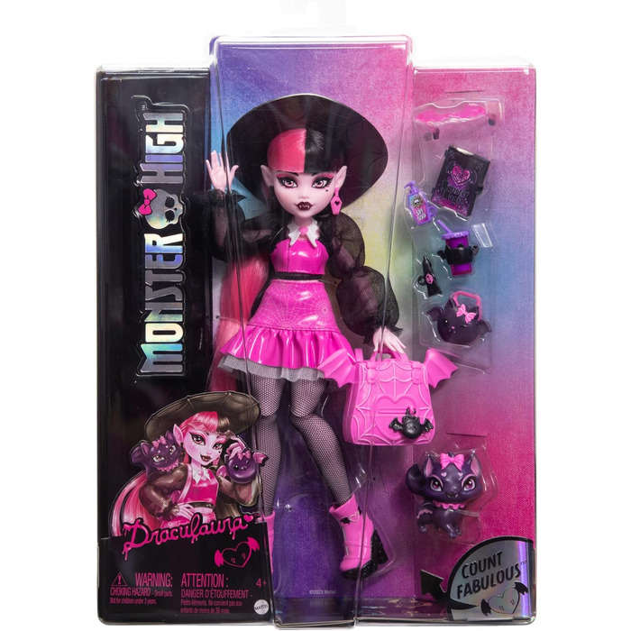 Лялька Monster High Дракулаура з її домашнім котом-летючою мышью, графом Фебулозом, та аксесуарами, такими як рюкзак, книга заклинань, коробка для бенто та багато іншого, HRP64