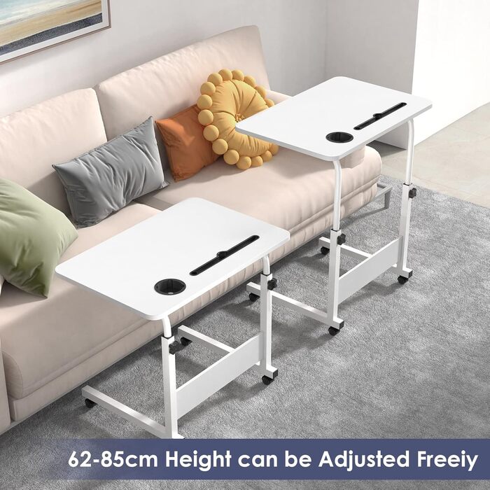 Стіл для ноутбука з регульованою висотою, бічний столик з колесами та слотами для карток, мобільний стіл/комп&39ютерний стіл для дивана, ліжка, кушетки, офісу (білий, 60x40 см) 60x40 см З 2 слотами для карток Білий