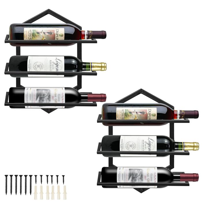 Металева настінна винна стійка, підвісний тримач для винних келихів, підставка-органайзер для 3 пляшок, винна стійка, червона винна стійка для дому, кухні, бару, декору, чорного кольору B2, 2 шт.