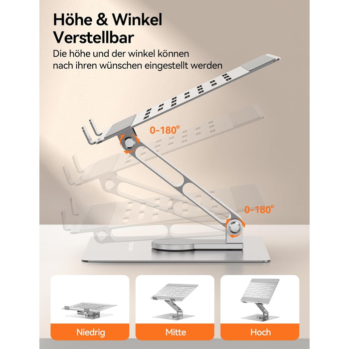 Стійка для ноутбука TECKNET поворотна на 360, регульована по висоті, складана, ергономічна підставка для ноутбука на стіл. Сумісна з MacBook Air/Pro до 16. Срібляста.
