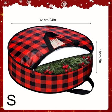Контейнер для зберігання різдвяного вінка 2 шт. и, картатий візерунок Коробка на блискавці та ручкі для шафи, будинку, горища, підвалу, гаража, Різдва, спальні, гуртожитку 61 x 18 см