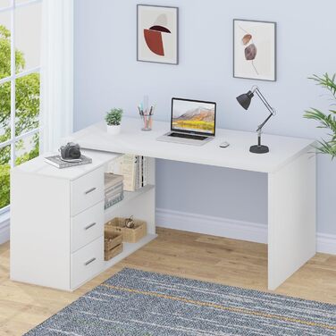 Білий L-подібний двосторонній кутовий письмовий стіл з місцем для зберігання для домашнього офісу Комп&39ютерний стіл з 3 шухлядами та 2 полицями для офісу Білий 140 см