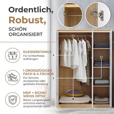 Шафа Bastheim, 3-дверна шафа, 176 x 120 x 52 см, Шафа для спальні з 1 рейкою для одягу та 4 полицями, колір дуба/білий, 176 x 120 x 52 см - 4 полиці