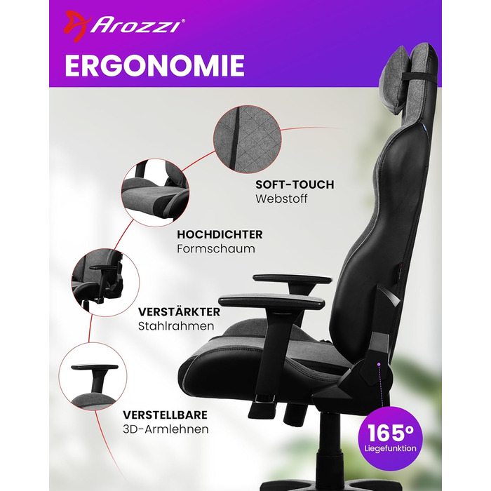 Ігрове крісло Arozzi Avanti Ергономічне ігрове крісло з мякої тканини, регульоване по висоті з регульованою спинкою та підлокітниками, підголівником, шведський дизайн для домашнього офісу та ігор Попелясто-сірий