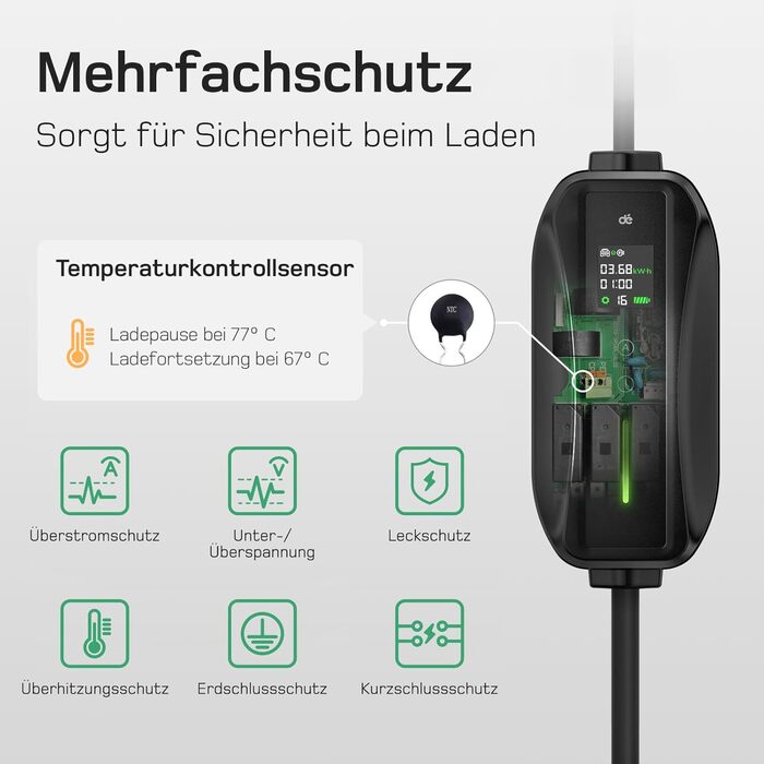 Зарядний кабель типу 2 Schuko 3,68кВт 1-фазний, 8м, 6-16А EV Зарядні пристрої з керованим цифровим дисплеєм для електромобіля, зар