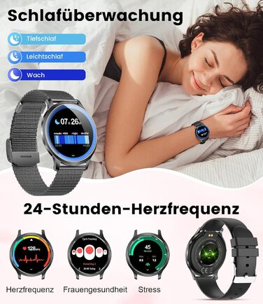 Розумний годинник для жінок, тонкий 1,32-дюймовий HD AMOLED сенсорний екран, чорний, сумісний з iOS та Android, 2 браслети, понад 100 спортивних режимів/калорій/сону/менструального циклу, браслет E-Noir