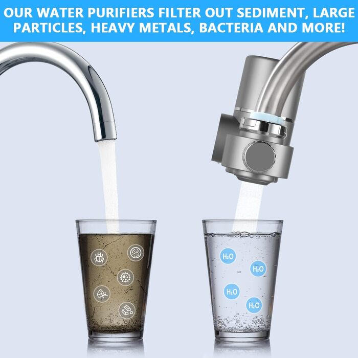 Фільтр для води HOTUT для крана, фільтр для водопровідної води з нержавіючої сталі, фільтр для питної води з синім світлом, фільтр для питної води для видалення хлору, важких металів і поганого смаку