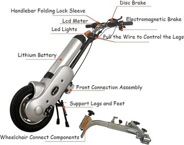 Електричний ручний велосипед для інвалідного візка, 12-дюймовий пристрій для тяги інвалідного візка, електричний ручний велосипед кріплення для інвалідного візка потужністю 400 Вт з переднім світлом