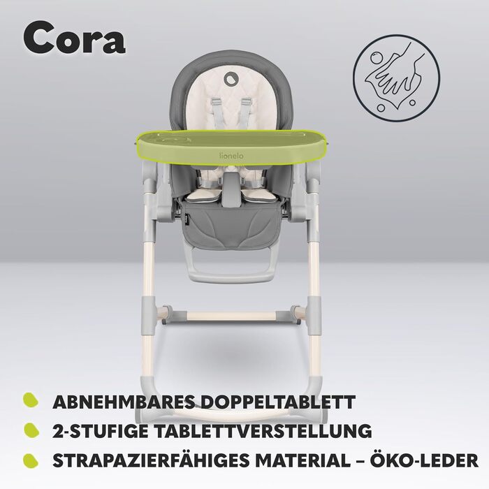 Стільчик для годування LIONELO Cora, високий, регульований, знімний піднос, нековзний, від 6 до 36 місяців, 5-точкові ремені безпе