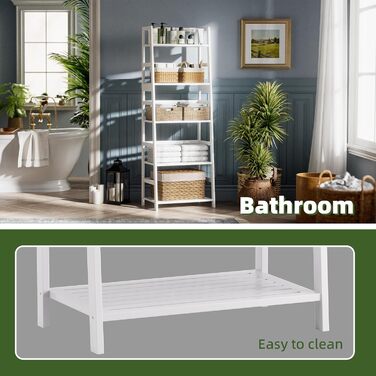 Полиця-драбина, 5-ярусна книжкова шафа, повнорозмірна бамбукова міцна книжкова шафа, окремостояча відкрита дерев&39яна полиця, сучасна кутова підставка для вітальні, домашнього офісу, ванної кімнати, біла