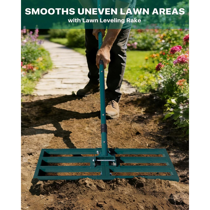 Вирівнювач газону Rasenrakel Міцний граблі для вирівнювання ґрунту, піску (76x25 см) з гаком для підвішування та регульованою ручкою для саду, городу, гольф-полів