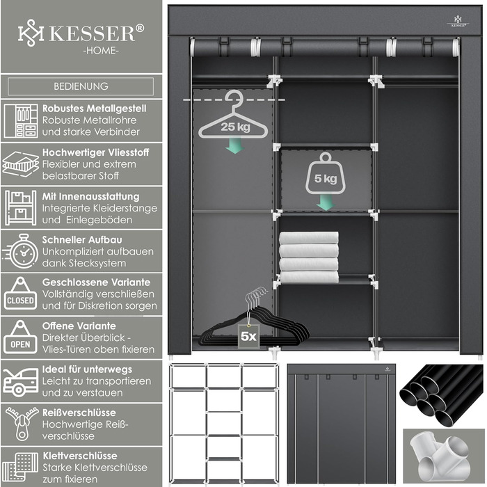 Тканинна шафа KESSER, міцна з вішалкою для одягу та полицями, вкл. 5 вішалок для одягу, тканинна складна шафа для спальні, гардеробна з вішалкою для одягу, 150x45x175 см, антрацит