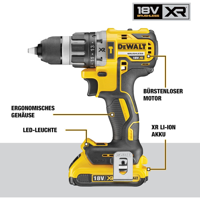 Акумуляторний ударний дриль Dewalt 18 В DCD796P2 (безщітковий двигун, 2-швидкісний суцільнометалевий редуктор, максимальний крутний момент 70 Нм, 15 рівнів крутного моменту, 2 літій-іонні акумулятори 18 В / 5 Ач та зарядний пристрій)