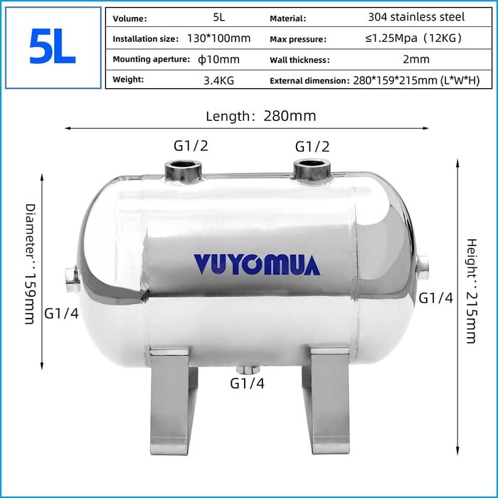 Міні-невеликий портативний повітряний бак високого тиску з нержавіючої сталі Резервуар для зберігання води з повітряним резервуаром (0,8 л-SG) (5 л-SG), 304