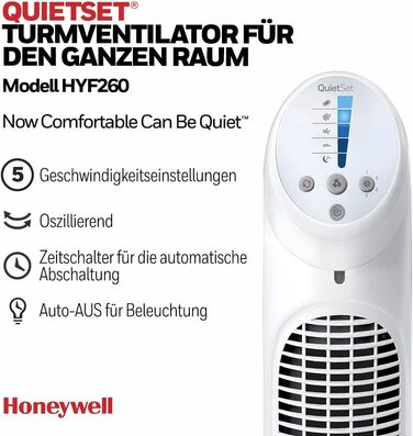 Баштовий вентилятор Honeywell QuietSet, що коливається, для всієї кімнати (5 налаштувань швидкості, коливання 80, функція таймера,