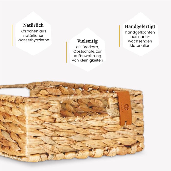 Кошик для зберігання FRIHET, плетений з водяного гіацинта прямокутний підходить як кухонна скринька для зберігання та кошик для фруктів можна використовувати як кошик у їдальні, ванній кімнаті та дитячій кімнаті 25 x 20 x 9 см (2)