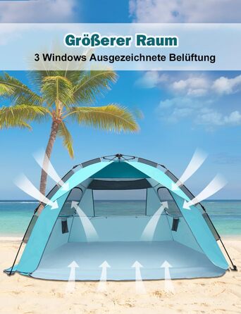 Пляжний намет Glymnis Quick Up, автоматичний пляжний намет, захист від ультрафіолету 50, вітрозахисний, невеликий розмір у упаковці, синій, пляжний намет для 4-6 осіб, синій зі срібним вінілом