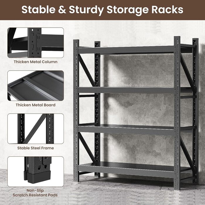 Міцний металевий стелаж, стелаж без болтів, стелаж для зберігання, стелаж для майстерні, стелаж для підвалу, стелаж для гаража, кухонний стелаж, окремостоячий стелаж, сталевий стелаж, 4 рівні, вантажопідйомність полиць 265 кг, регульовані полиці, 160x120x