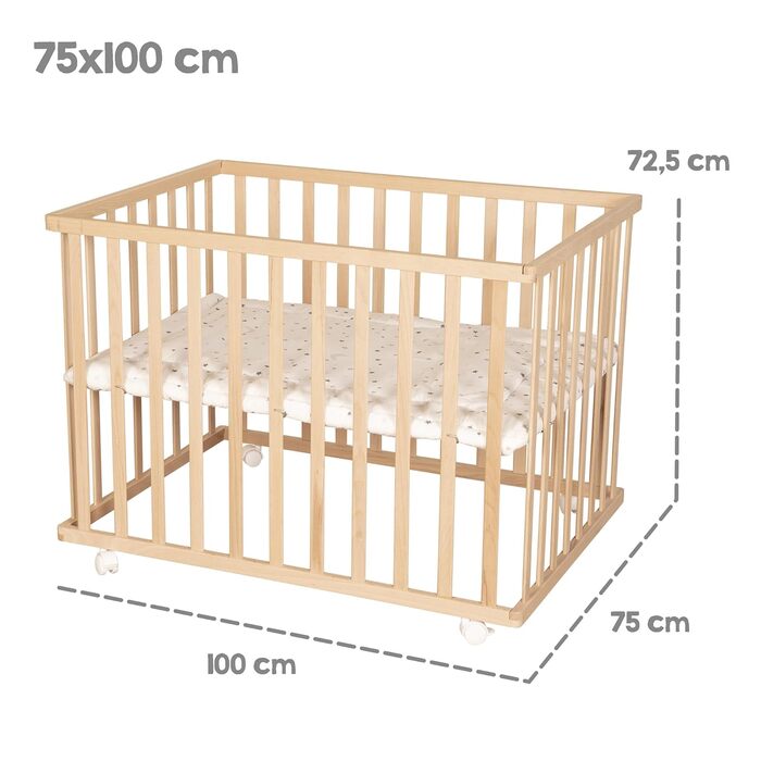 Манеж roba 75 x 100 см з вкладишем Star Magic Grey - манеж із захисним вкладишем та колесами - регульований по висоті та мобільний - натуральне дерево