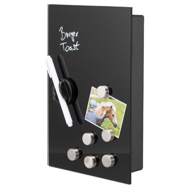 Скринька для ключів Bremermann зі скляною передньою частиною, з можливістю запису, 8 гачків, 6 магнітів, 1 маркер, 1 тримач для маркера, металевий корпус із сірим порошковим покриттям (повністю чорний)