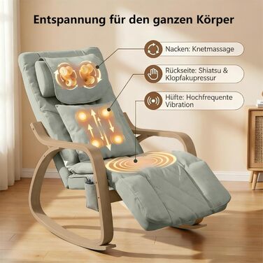 Масажне крісло-гойдалка, крісло-реклайнер, крісло для телевізора з 3-зонним масажем, масажне крісло з функцією підігріву, регульований підголівник та підставка для ніг, знімний чохол, вантажопідйомність 150 кг, бежевий