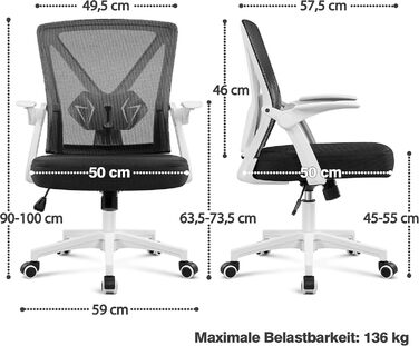 Офісний стілець Yaheetech, стілець для роботи з відкидними підлокітниками, обертовий стілець із сітки, ергономічний офісний стілець, регульована поперекова опора, функція гойдання, регульована висота (білий)