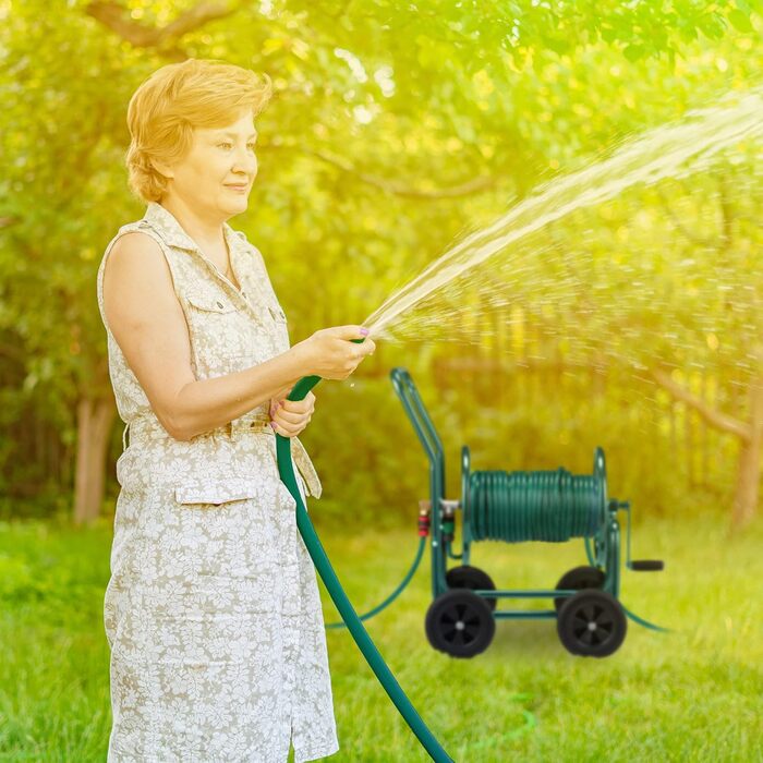 Садовий візок для шланга Relaxdays, до 60 м, 4 суцільні гумові колеса, швидке зєднання, металева бочка для шланга, зелений