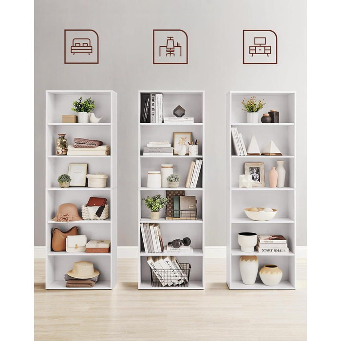 Книжкова полиця VASAGLE, 6-ярусна, відкрита полиця для зберігання, окремостояча полиця, 24 x 60 x 178,5 см, для вітальні, домашнього офісу, їдальні, хмарно-білий LBC169T14 6 ярусів (60Ш x 178,5В см) хмарно-білий