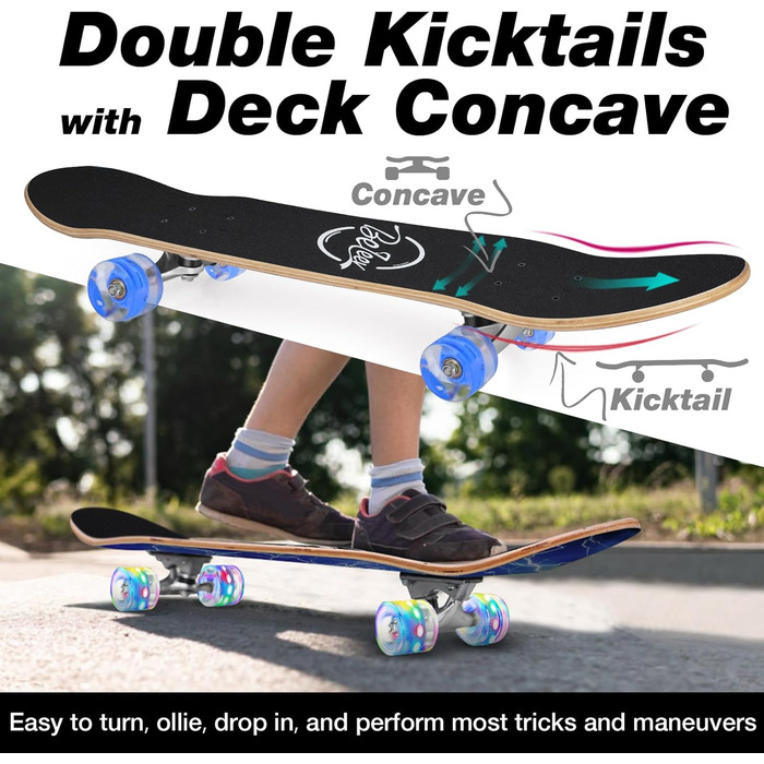 Дюймів Повний круїзерний скейтборд для дітей, підлітків та дорослих, 7-шарова увігнута дека з канадського клена Double Kick з універсальним T-Tool для початківців, колір Ocean Blue, 38