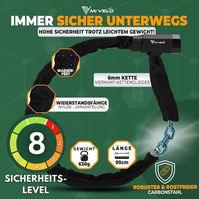 Замок велосипедний MIVELO ланцюговий високої безпеки ланцюг для велосипеда з шестиміліметровим квадратним перетином I Велозамок з загартованої сталі з ключем, 90 см