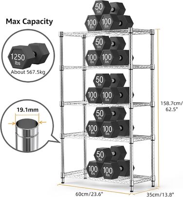 Міцний сталевий стелаж з 5 ярусами, дротяна полиця-органайзер для дому, кухні, офісу, максимальне навантаження 567,5 кг, хромоване покриття, 35 x 60 x 158,7 см.