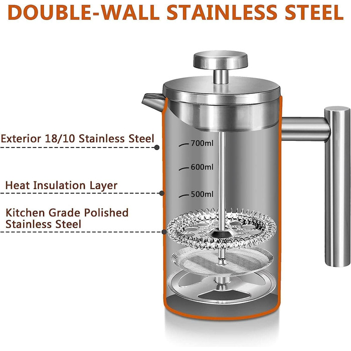 Кавоварка Wrobic French Press, френч-прес з нержавіючої сталі 21 унція з 3-рівневою системою фільтрації, френч-прес з подвійною ізоляцією з 3 фільтрами та 1 металевою ложкою 600 мл срібла