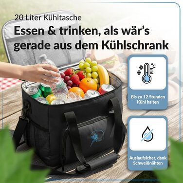 Сумка-холодильник 20 л та 30 л (складана) зберігає прохолоду 10-12 годин - ізольована сумка для покупок та ланчу з відкривачкою для пляшок та герметичним матеріалом PEVA для роботи, офісу, пікніка, шопінгу та будівництва, 20 літрів, чорна