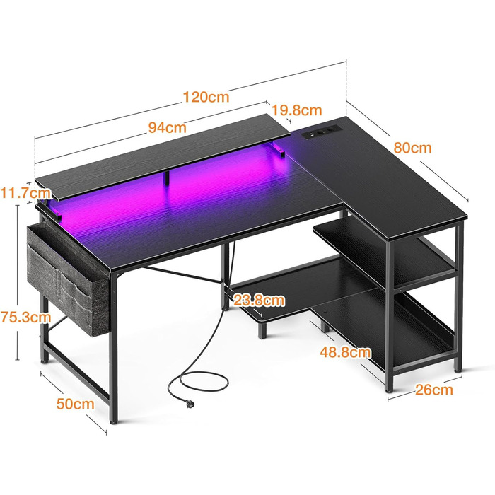 Ігровий стіл Coleshome L-подібної форми зі світлодіодним освітленням та розетками, кутовий стіл 120x80 см з полицею, двосторонній L-подібний стіл, чорний з підставкою для монітора, кутовий стіл для офісу/кабінету, чорний, 120x80x87 см