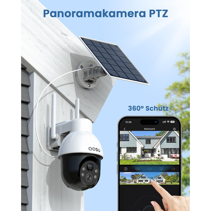 Зовнішня сонячна камера безпеки AOSU 3K, бездротова панорамна PTZ-камера 5MP 360 для домашньої безпеки, автоматичне відстеження, світлова та звукова сигналізація, 2-стороннє аудіо