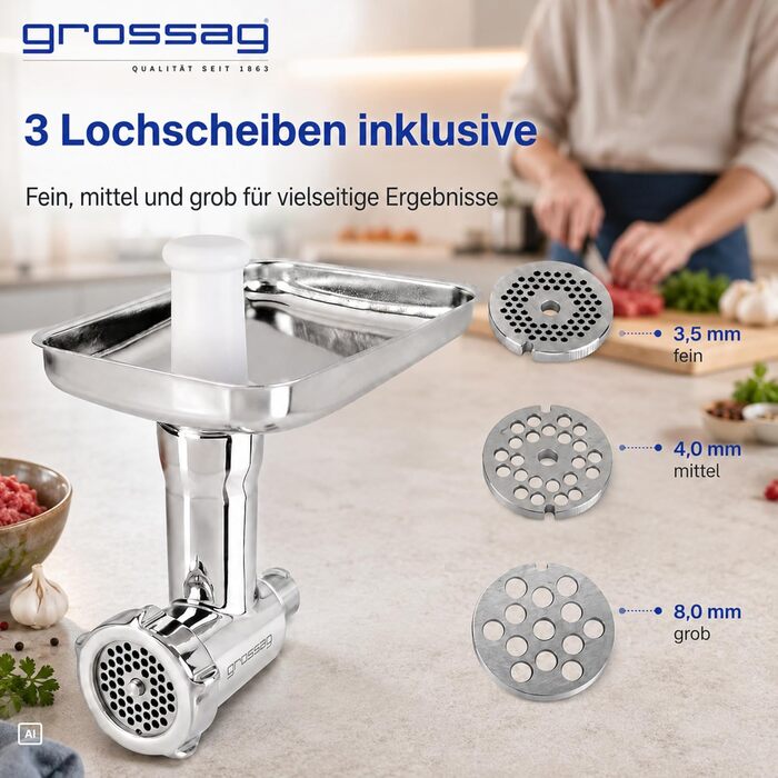 Насадка-м'ясорубка grossag для KitchenAid з нержавіючої сталі, 3 перфораційні решітки, KFW 500